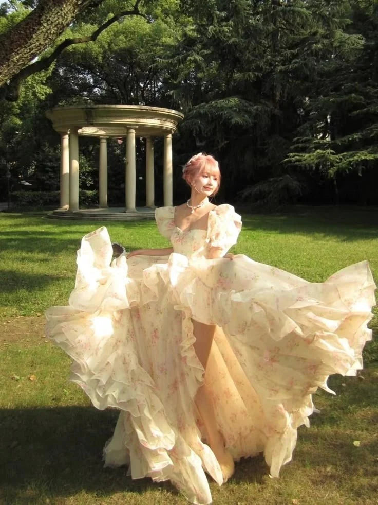 Puff Sleeve Print Flower Chiffon Party Dress Romantic A Line Evening Dress with Slit