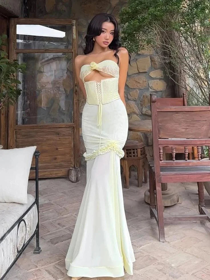 Chiffon Mermaid Evening Dress Sexy Yellow Chic Strapless Party Dress