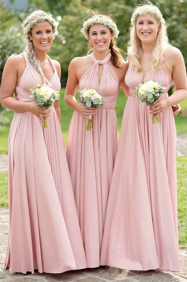 Light Pink A-Line Floor Length Pleated Cheap Bridesmaid Dresses Multiple Bridesmaid Dresses