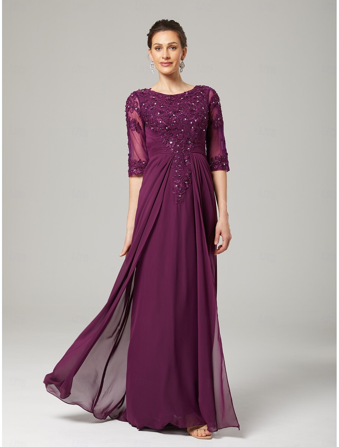 Sheath / Column Mother of the Bride Dress Formal Wedding Guest Elegant Sparkle & Shine Crew Neck Asymmetrical Floor Length Chiffon Lace 3/4 Length Sleeve with Sequin Appliques