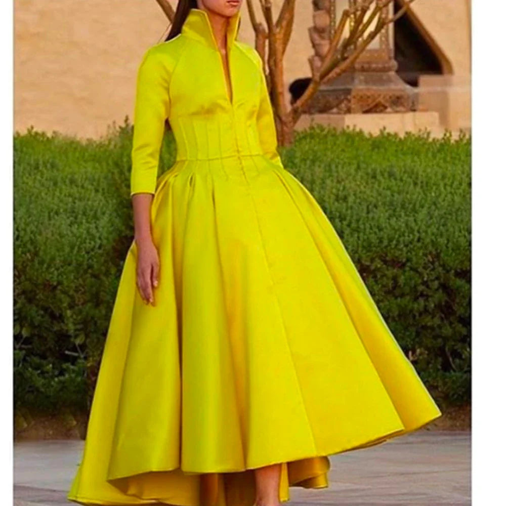 yellow prom dresses high neck long sleeve satin high front and low back long evening dresses