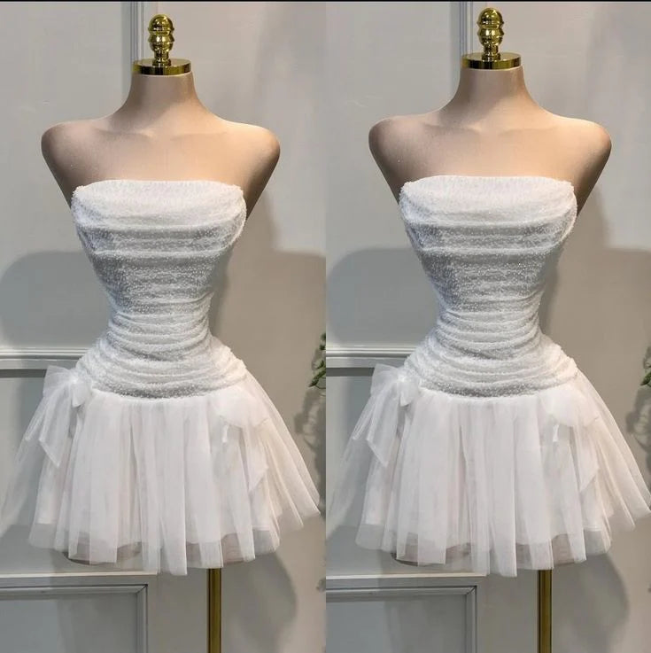 Strapless A-Line Tulle Short Prom Dresses Fashion Chic White Homecoming Dress