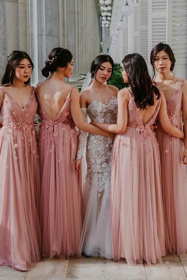 Pink V Neck Floor Length Backless Bridesmaid Dress with Flowers Long Prom Dress