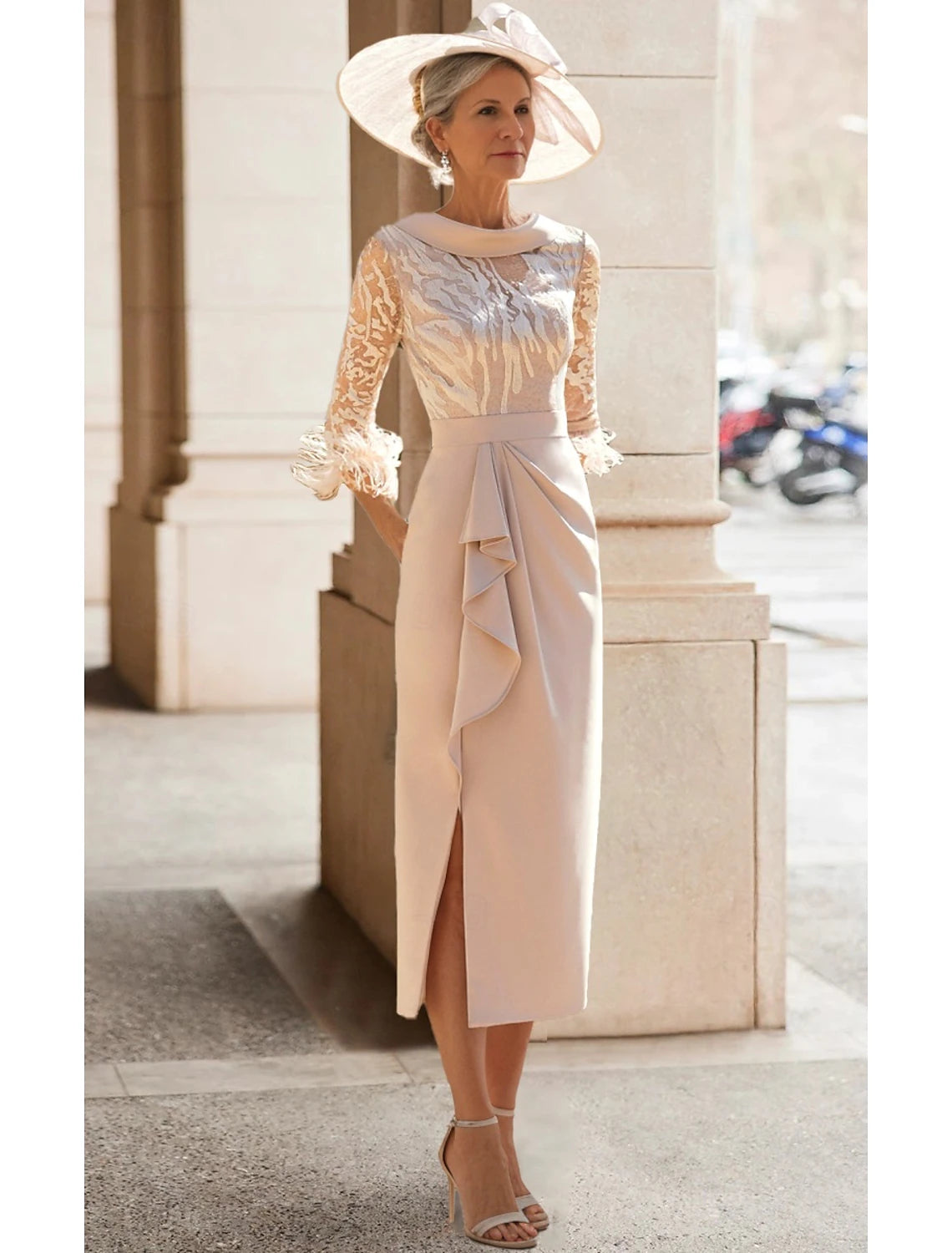 Sheath Mother of the Bride Dress Elegant Simple High Neck Tea Length Stretch Fabric 3/4 Length Sleeve with Feather Lace Pleats 2025 free custom size
