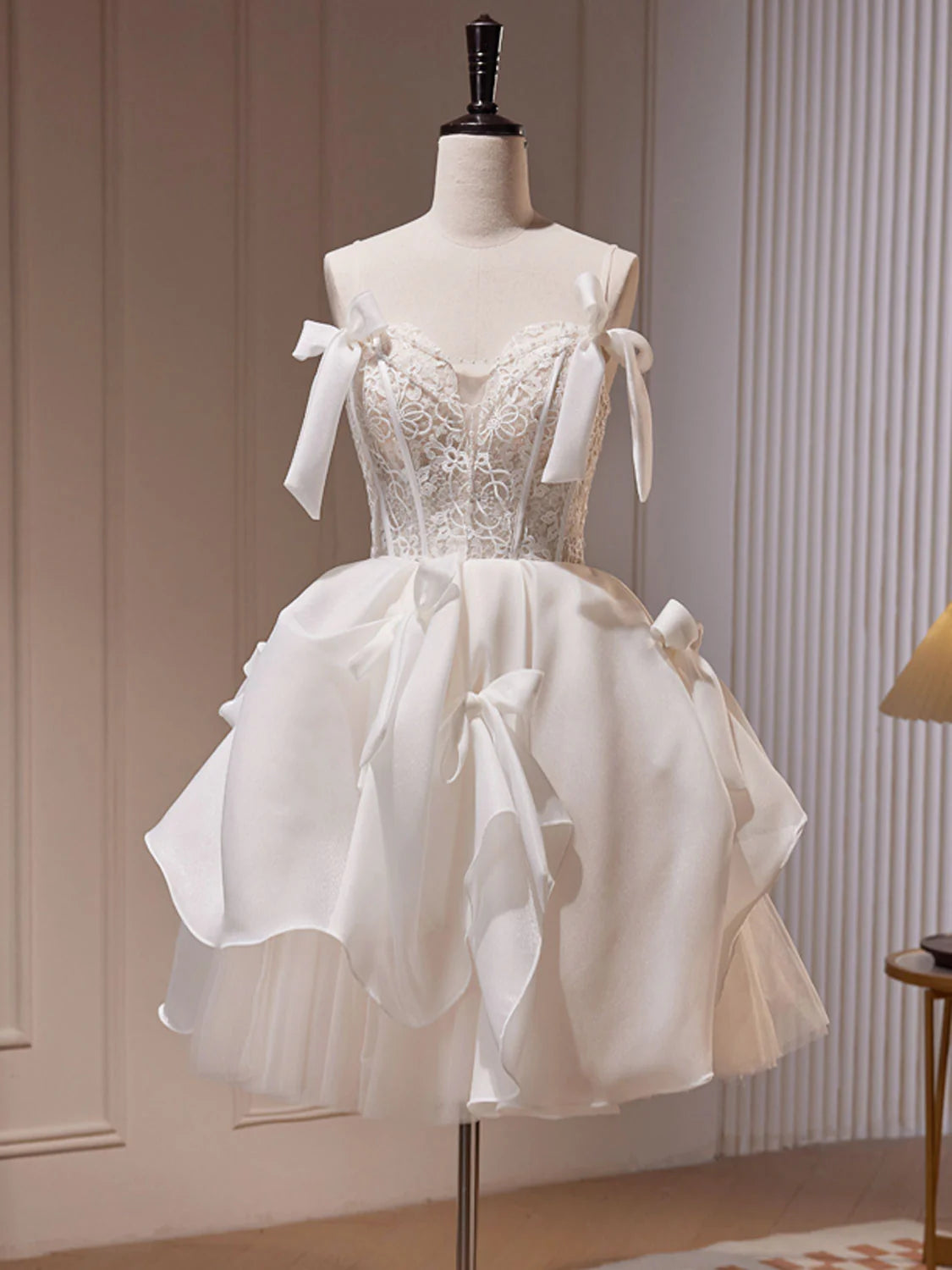 White Tulle Lace Short Prom Dress, Unique design Retract Your Waist Formal Dress