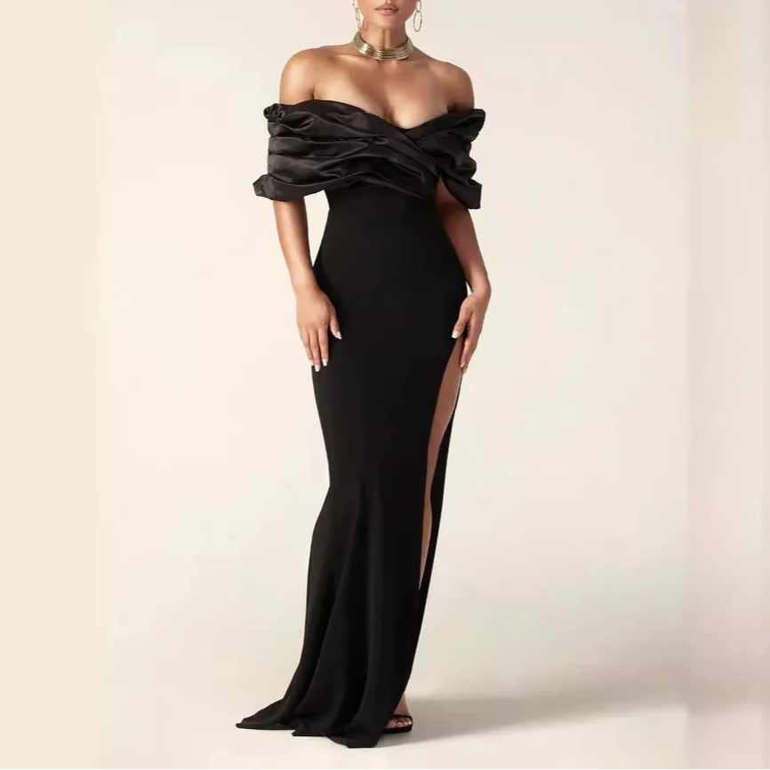 Full of charm Simple design Slim-fit Off-Shoulder Ruched Slit Prom Dress