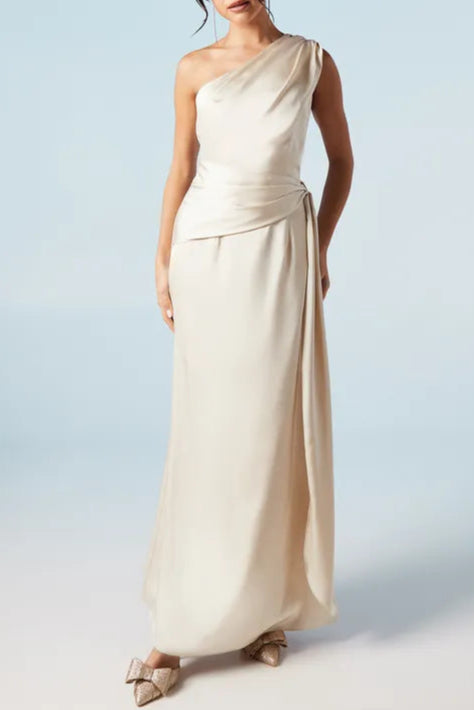 One Shoulder Sash Detail Elegant and gentle Satin Bridesmaids Maxi Dress