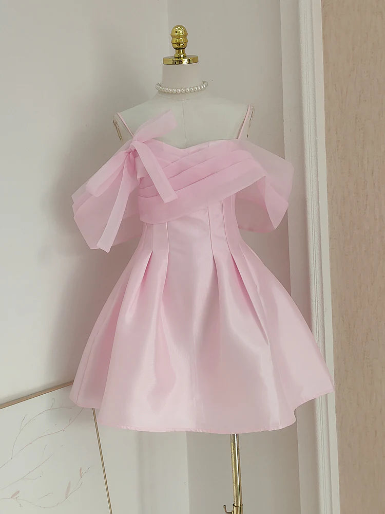 Pink A-line off-the-shoulder tulle satin short prom dress, Full of charm homecoming dress