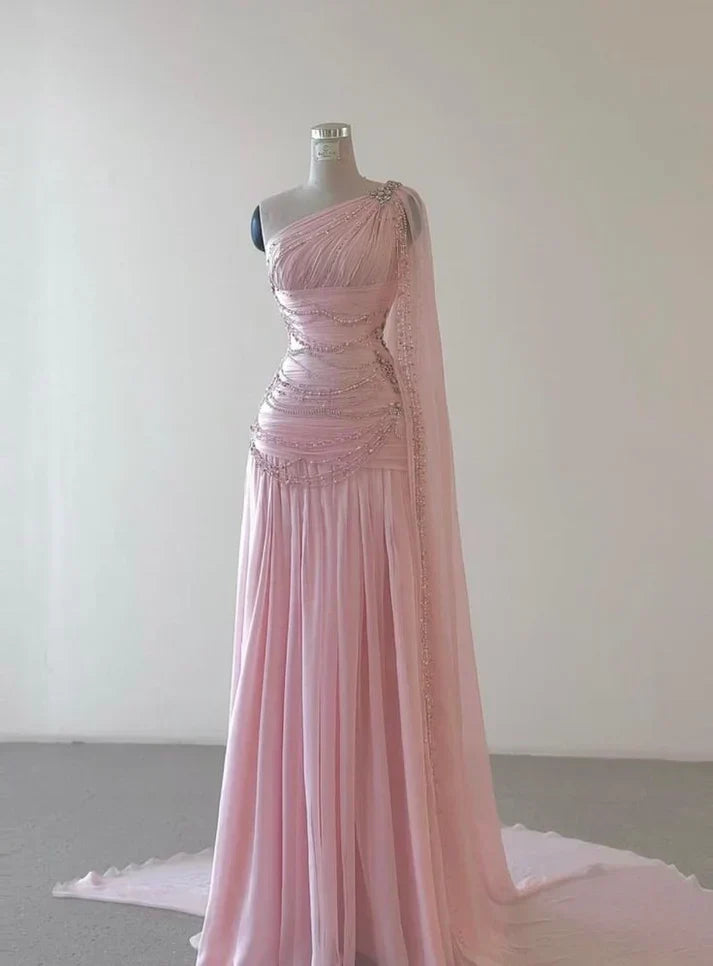 Elegant A Line One Shoulder Beaded Pink Chiffon Long Sweep Prom Dress