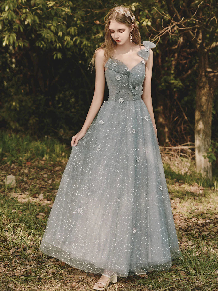 Gray Tulle Sequin Tea Length Prom Dress, Full of charm Evening Dress