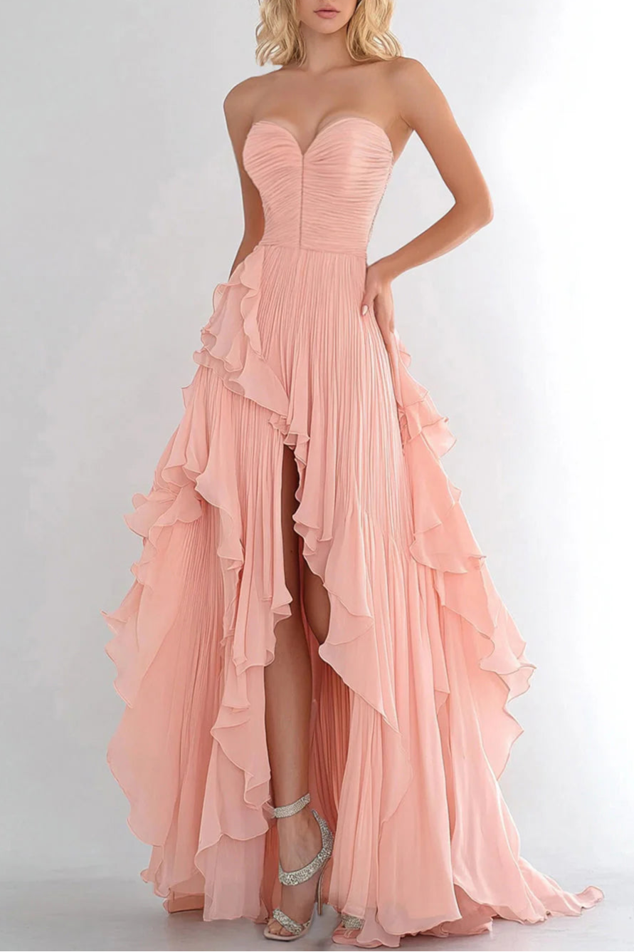 Simple and elegant Pink A Line Chiffon Ruffled Long Prom Dress