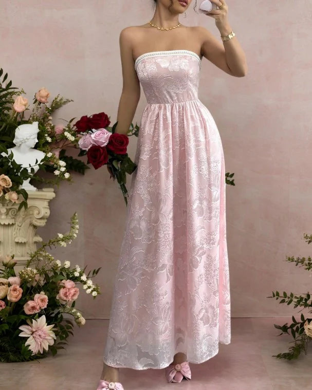 Strapless Jacquard Bridesmaid Dress A-Line Backless Cute Pink Evening Dress