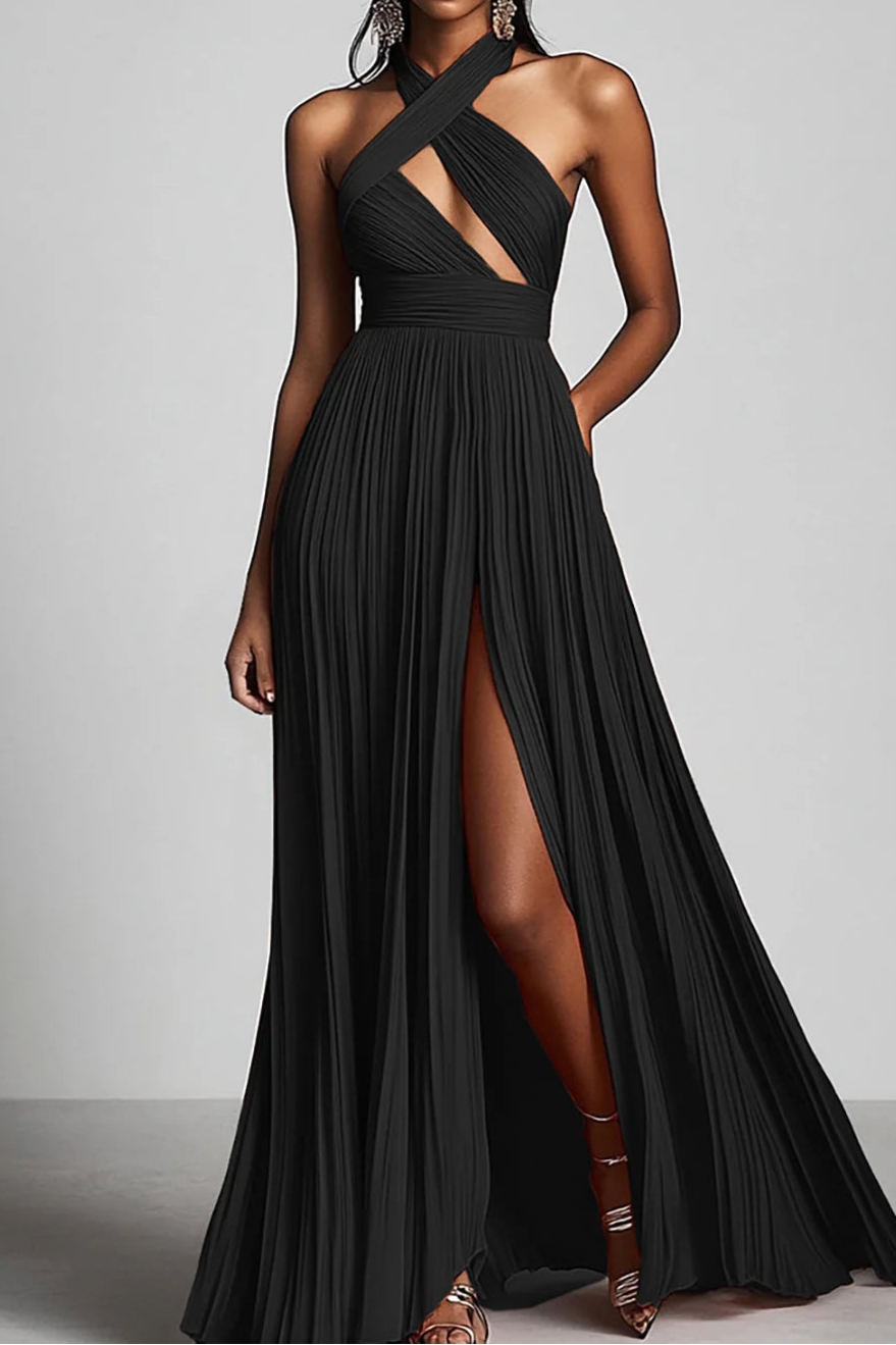 Black A Line Pleated Halter Neck Long Formal Evening Dress With Slit