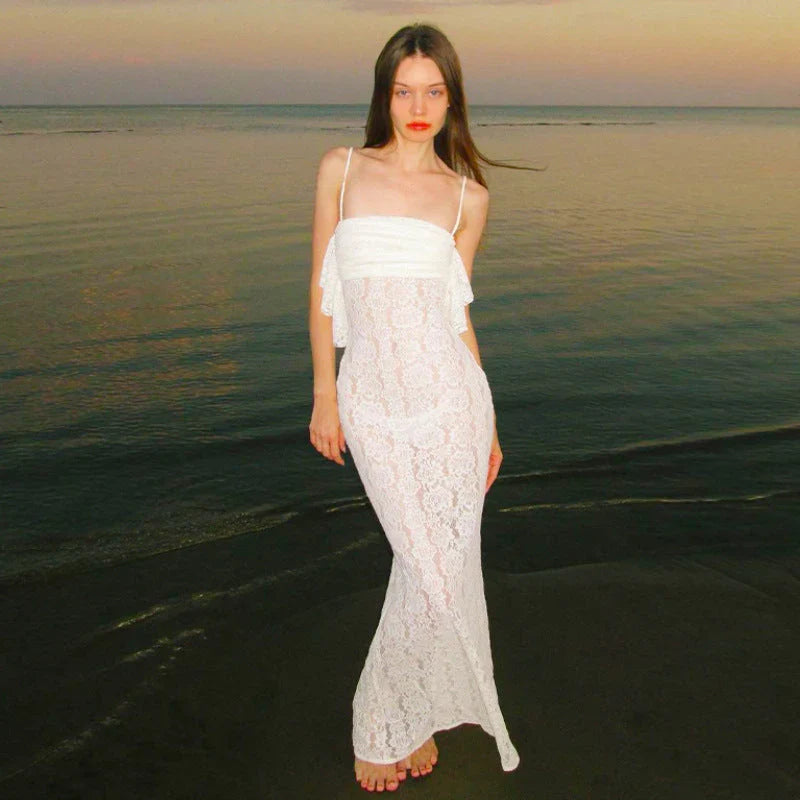 Spaghetti Straps Lace Long Prom Dress White Mermaid Evening Dress