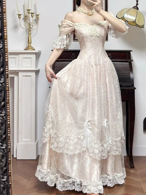 Sweet Light Champagne Off-the-shoulder A-Line Princess Prom Dresses Champagne Chiffon Lace Vintage Wedding Dress