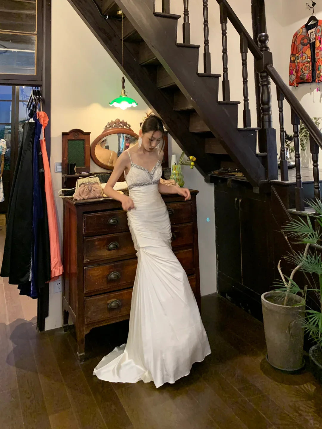 Gentle Mermaid Spaghetti Strap Sequin White Satin Long Prom Dress