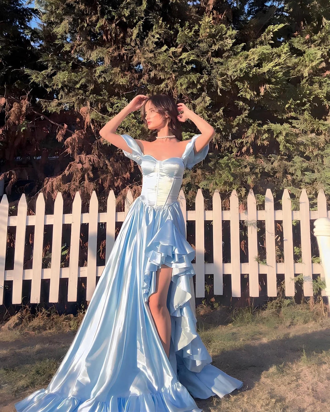 Baby blue retract your waist corset dress with ruffles on the sides
