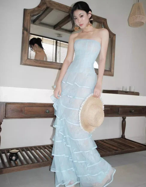 Baby Blue Sheath Strapless Layered Lace Tulle Prom Dress Unique design Evening Dress
