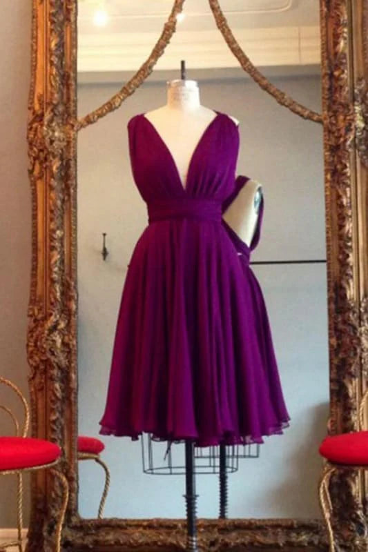 Purple Sleeveless Chiffon Bridesmaid Dress A Line V Neck Knee Length Homecoming Dresses
