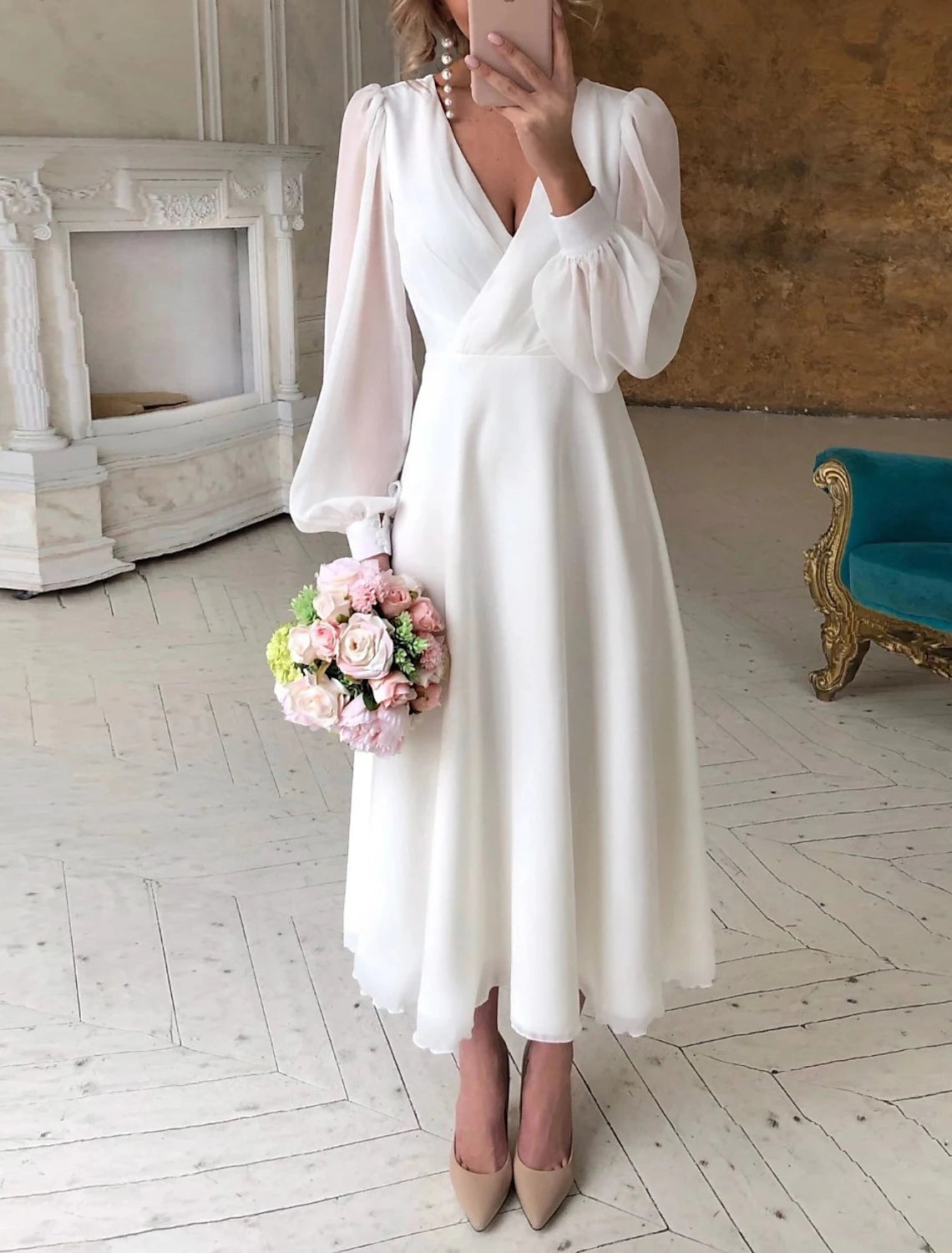 Beach Wedding Reception Little White Dress Bridal Shower Dresses Wedding Dresses A-Line V Neck Long Sleeve Ankle Length Chiffon Bridal Gowns With Solid Color