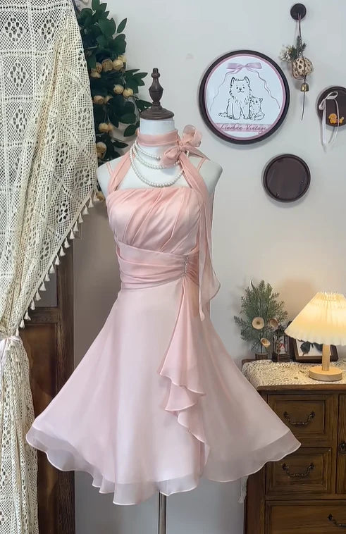 Gentle A Line Halter Pink Chiffon Short Retract Your Waist Homecoming Dress