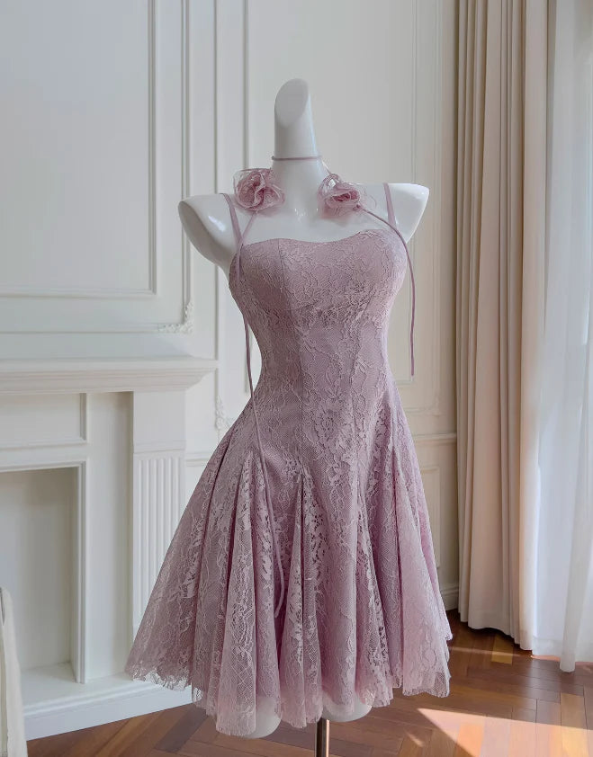 Light purple A-line spaghetti strap lace short prom dress, Unique design homecoming dress