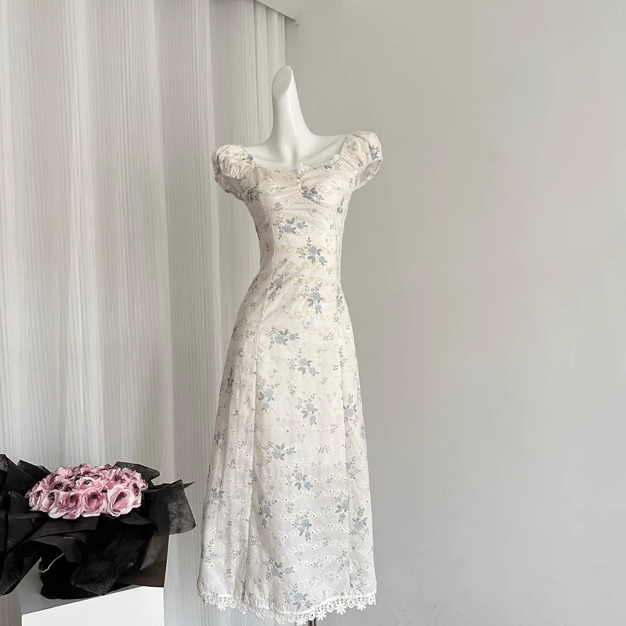 Cute A line Sweetheart Cap Sleeves Blue Floral Dress Long Party Dresses