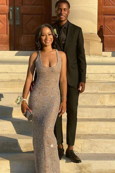 GLITTER CRYSTALS SLEEVELESS SLIM PROM FORMAL DRESS SLIM-FIT PROM DRESS