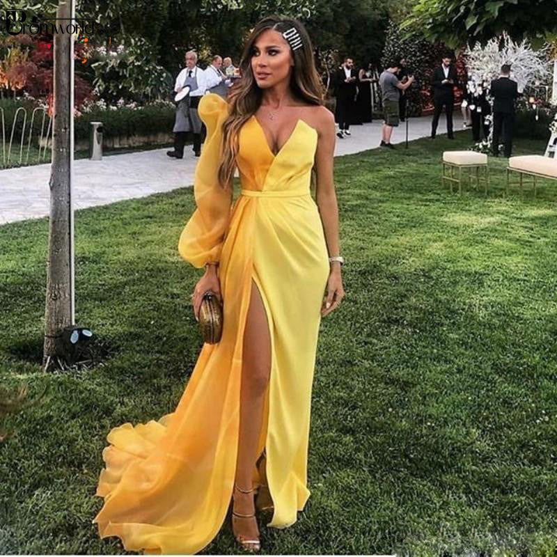 Yellow Dubai Formal Party Dress Women Long Sleeve Evening Gowns Elegant Slit Chiffon Muslim Evening Dresses