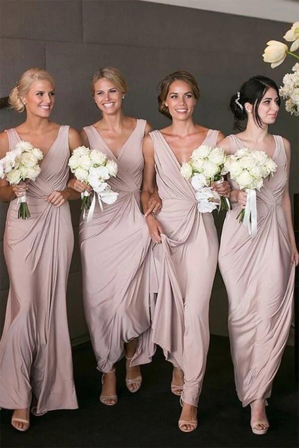 Simple Dusty Pink V-neck Long Bridesmaid Dresses Maid of Honer Dress