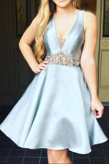 A-Line Sexy Short Prom Dress V-neck Light Blue Satin Homecoming with Beading