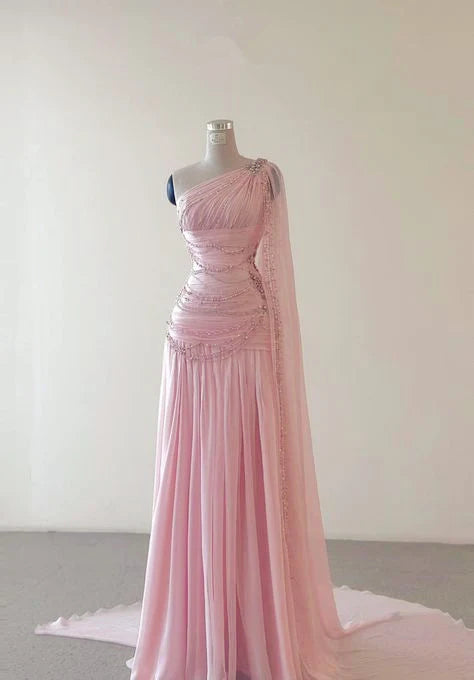 Classy A Line One Shoulder Pink Chiffon Evening Gown Retract Your Waist Prom Dresses