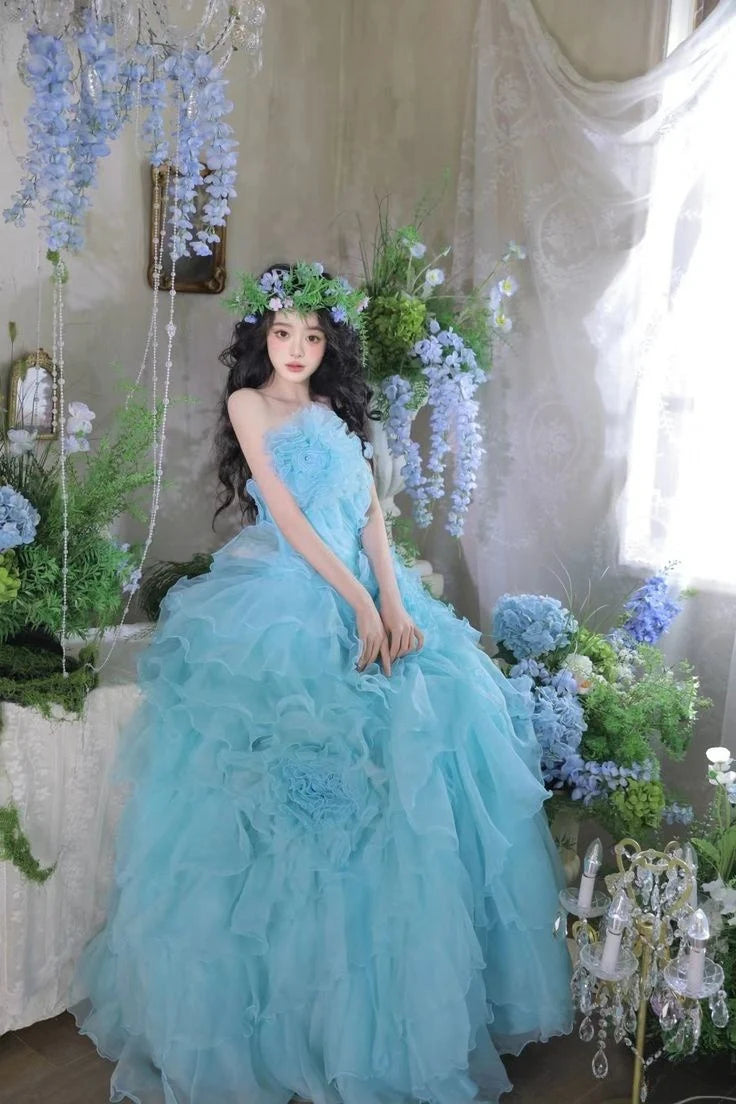 Princess Ball Gown Strapless Blue Tulle Party Dress Tiered Flower Birthday Dress