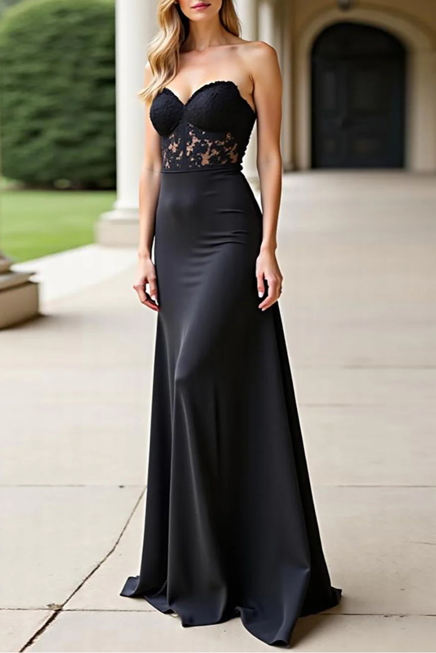 Black Long Lace Strapless Backless Full of charm Prom Dress