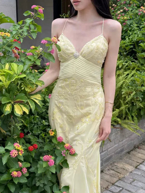 Mermaid Spaghetti Straps Yellow Chiffon Long Prom Dresses Evening Dress With Beads