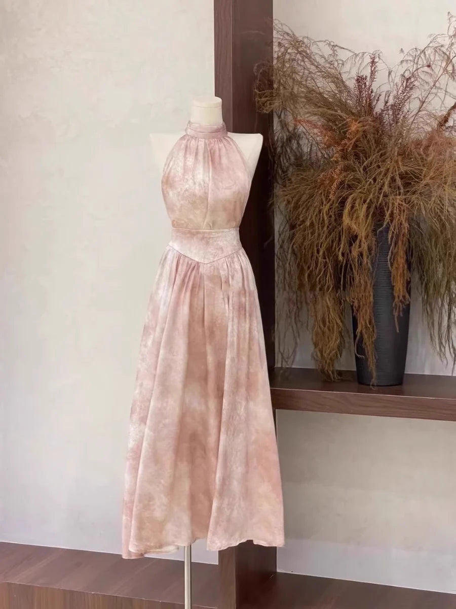 Sexy A Line Halter Ruffled Pink Long Women's Retract Your Waist Party Dresses