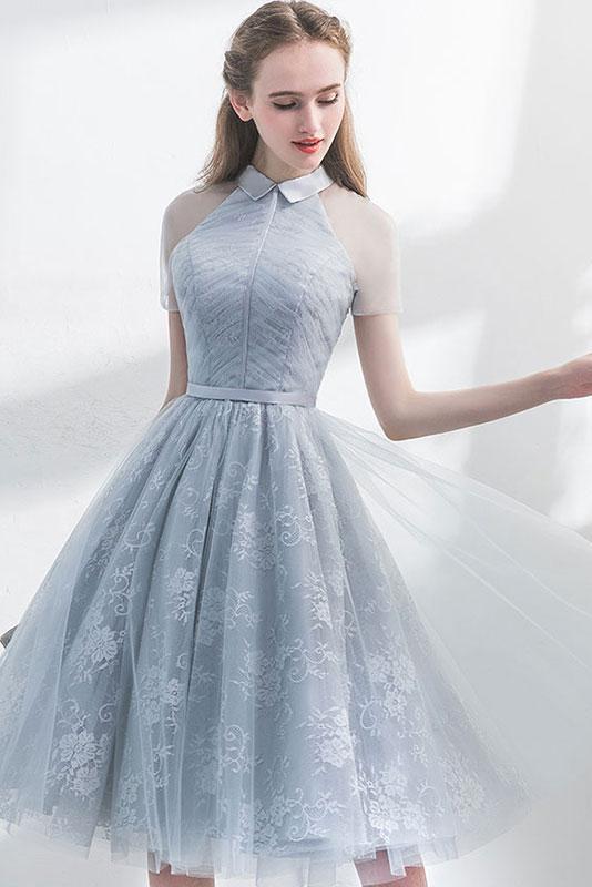 Cute Short Prom Dress with Lace A Line Short Sleeves Tulle Homecoming Dress with Lace