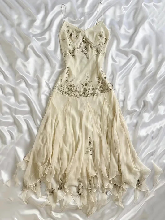 Spaghetti Strap Beaded Ivory Chiffon Party Dress Elegant A Line Evening Dress