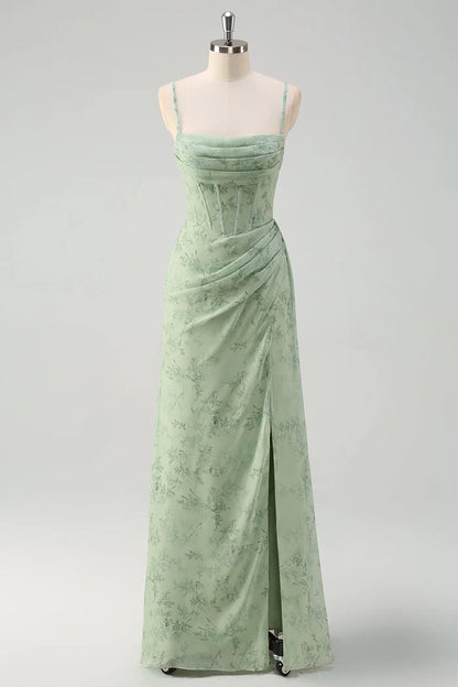 Mermaid Dusty Sage Floral Corset Ruched Long Party Dress with Slit
