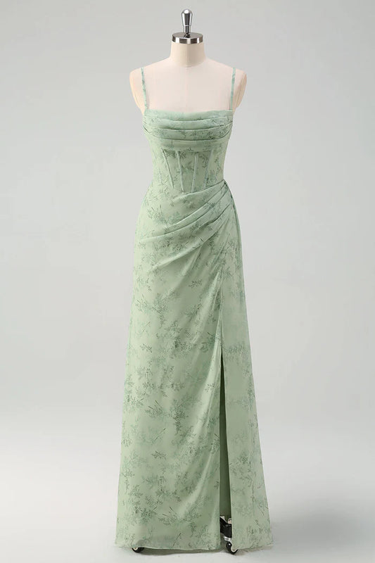 Mermaid Dusty Sage Floral Corset Ruched Long Party Dress with Slit