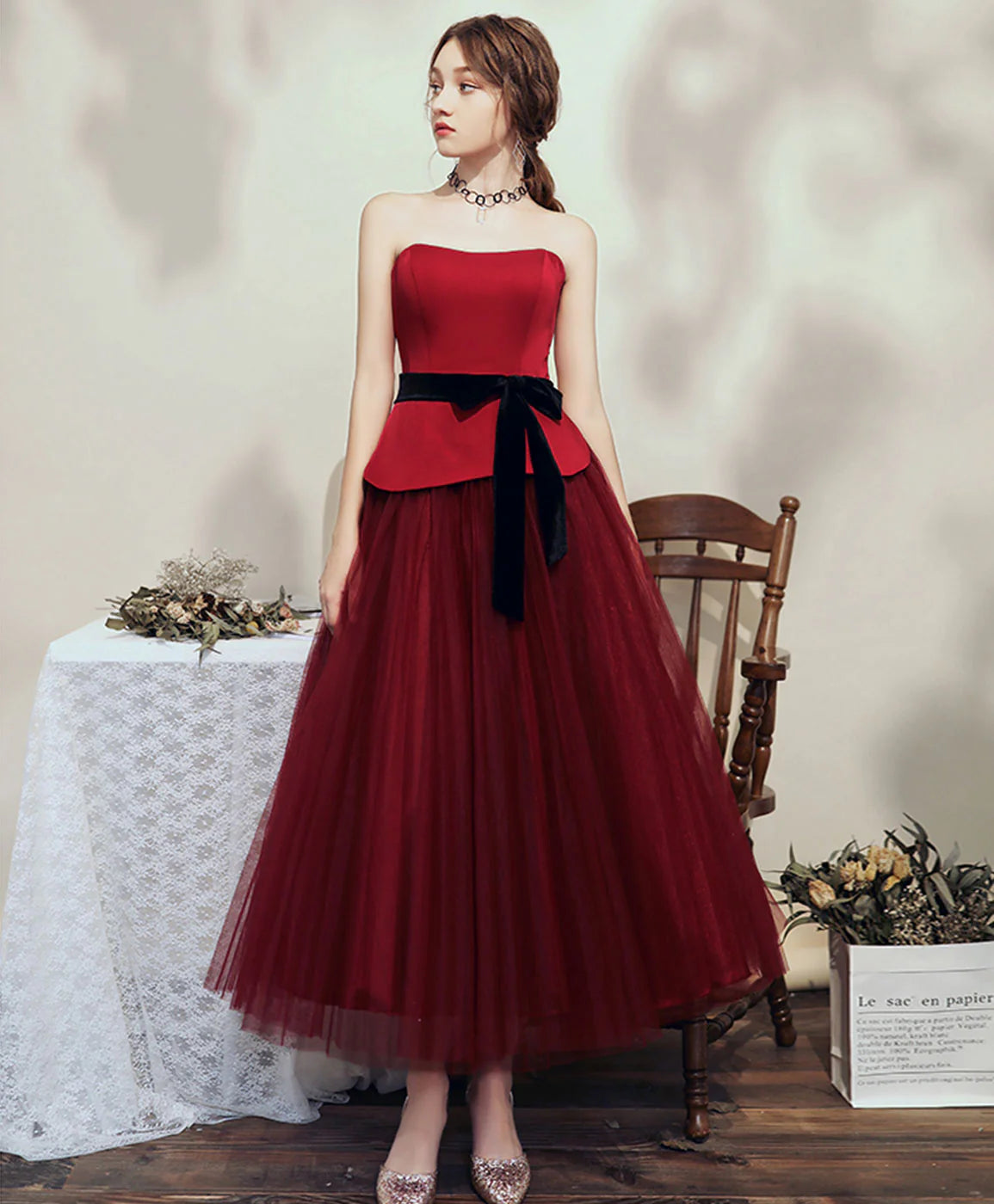 Simple Burgundy Tulle Tea Length Short Prom Dress Full of charm Bridesmaid Dress