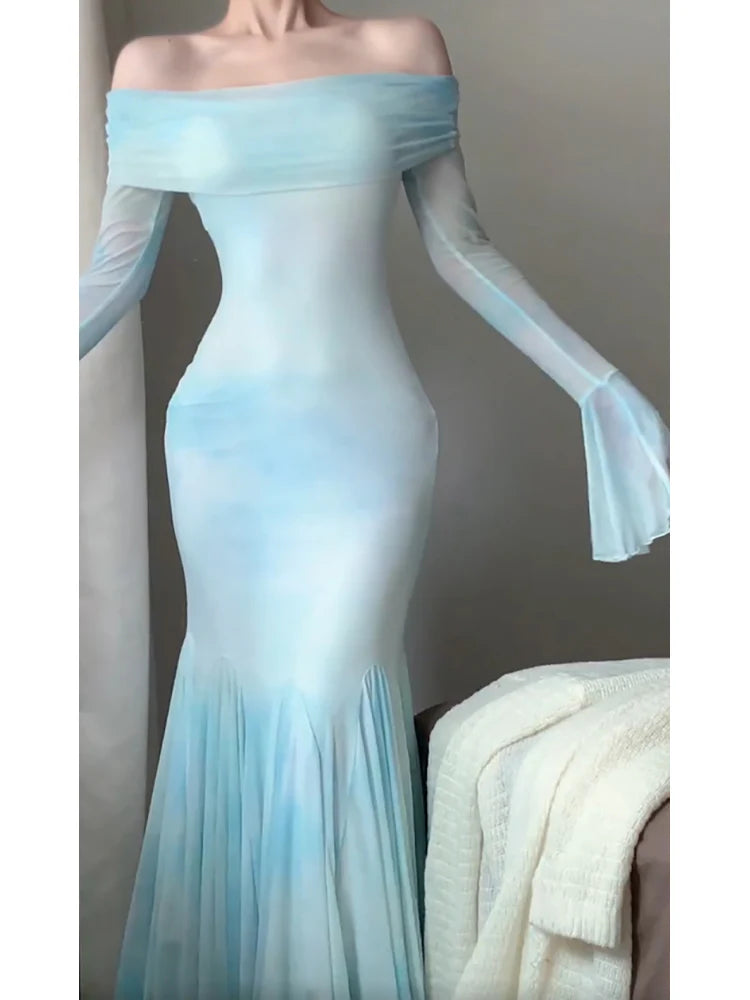 Sexy Mermaid Light Blue Women's Beach Dress Off The Shoulder Prom Dresses