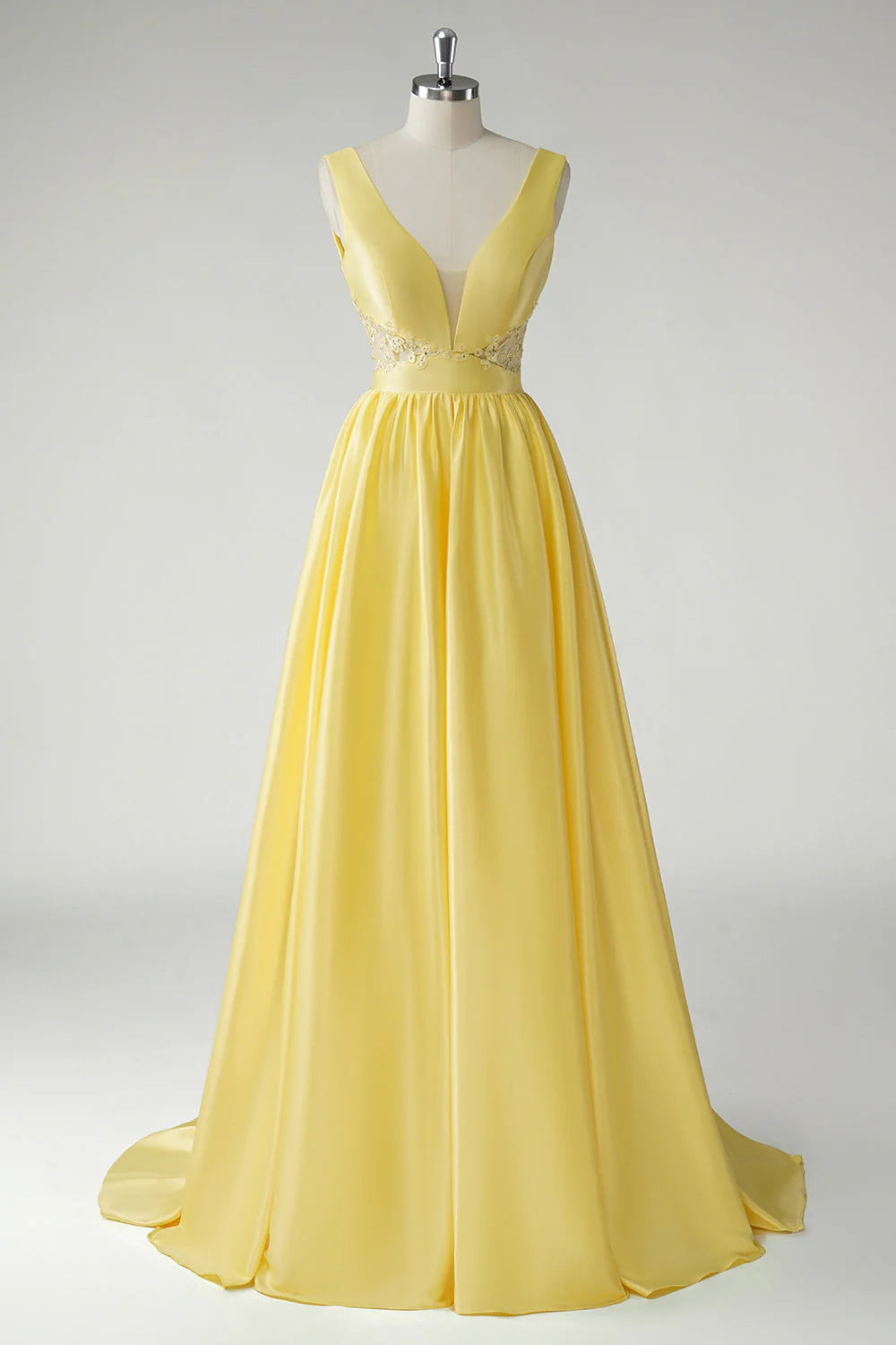 Yellow A Line Noble and elegant Deep V-Neck Long Prom Dress