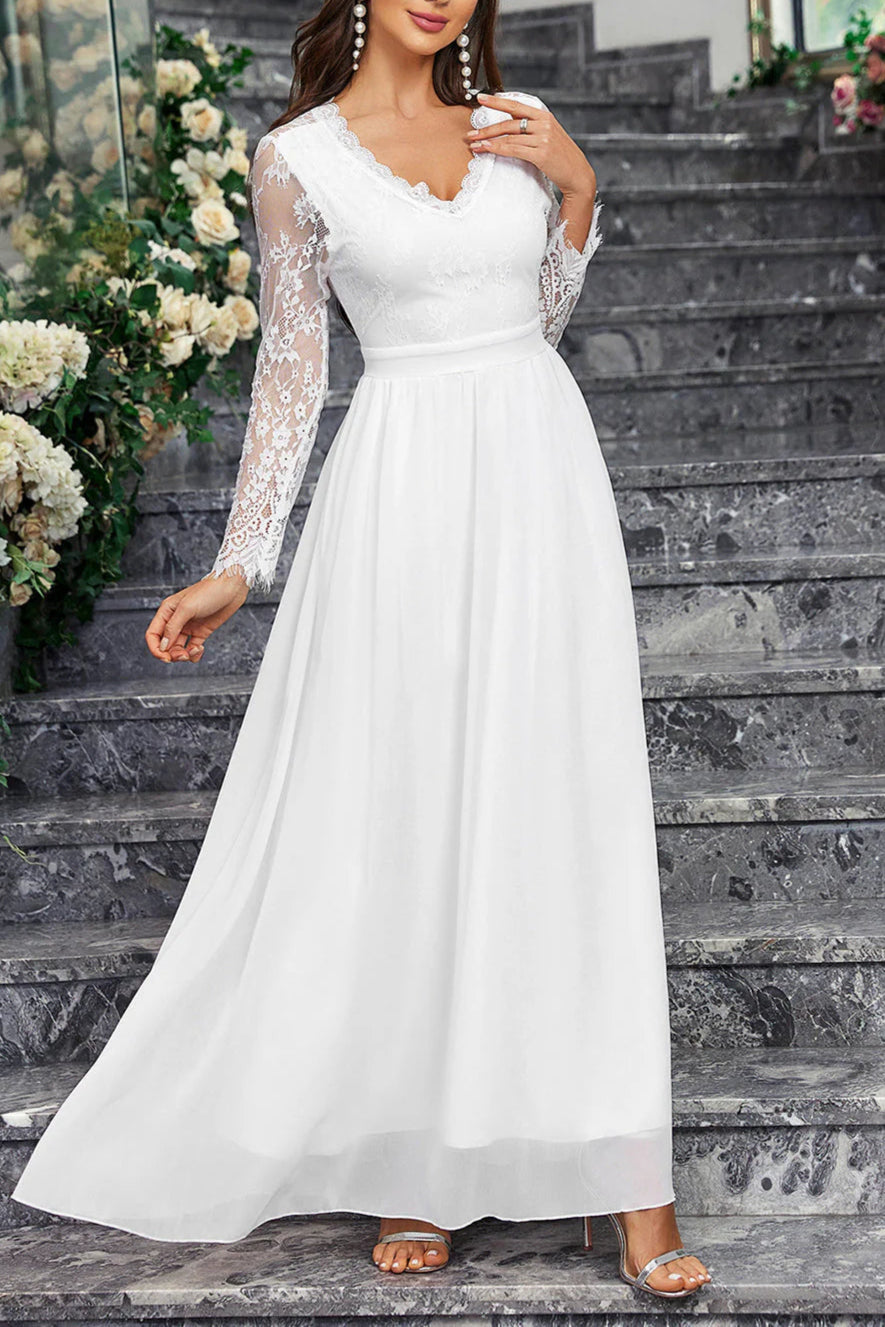 A-Line Long Sleeves V Neck Retract Your Waist Long White Dress