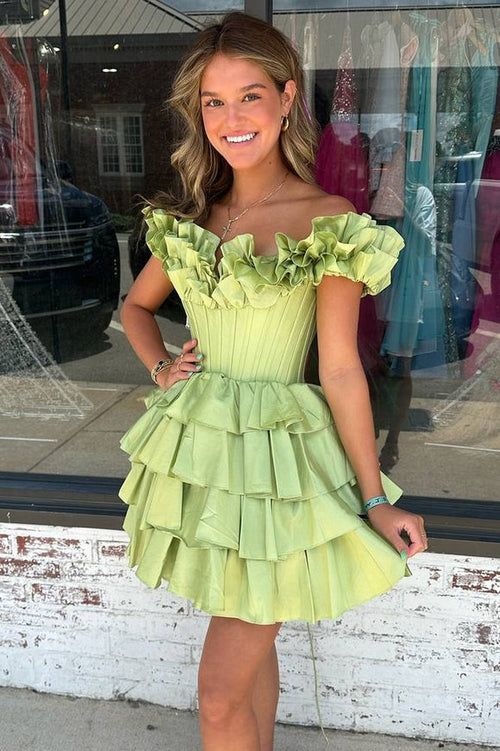 A Line Off-the-shoulder Unique design Corset Ruffle Tiered Homecoming Dress