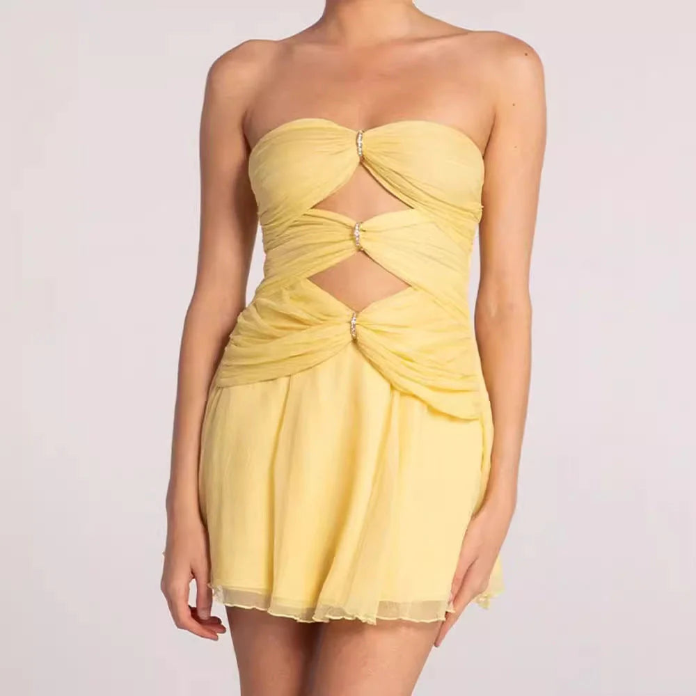 High-End Hollow Strapless Bandage Retract Your Waist Sleeveless Prom Dress