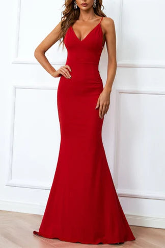 Red V-Neck Backless Appropriate color matching Mermaid Long Evening Dress