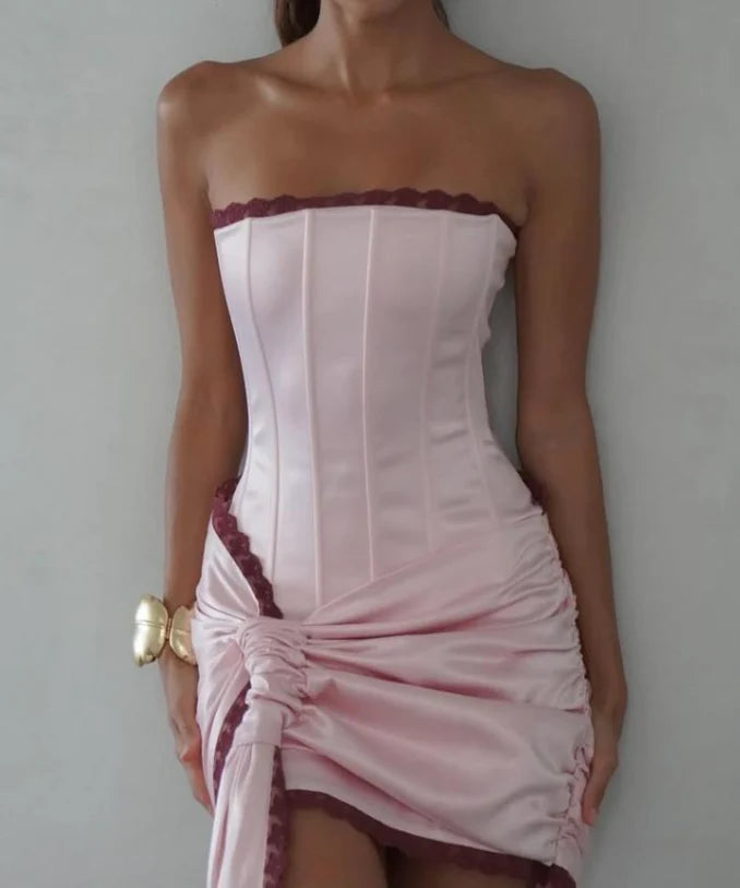 Glam Pink Bodycon Satin Short Prom Dresses Strapless Homecoming Dresses