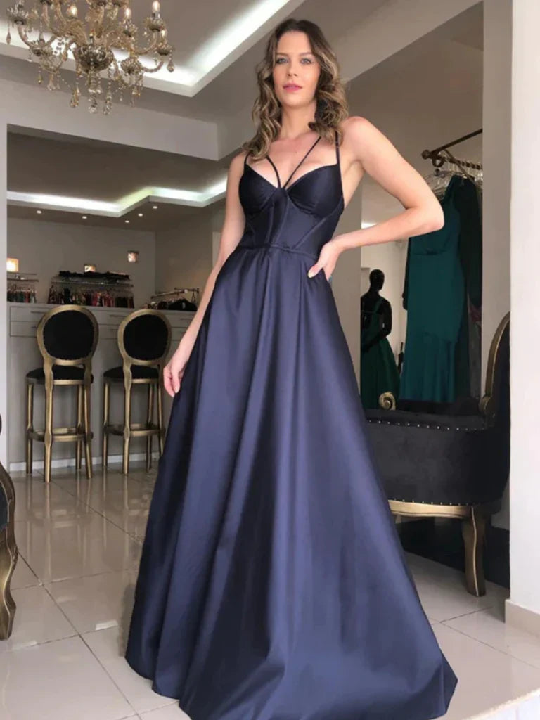 Simple V Neck Open Back Dark Blue Satin Formal Graduation Evening Dresses