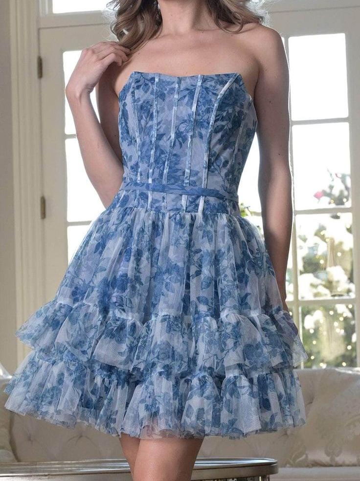 A-Line Printed Tulle Short Prom Dresses Sweet Blue Strapless Homecoming Dress